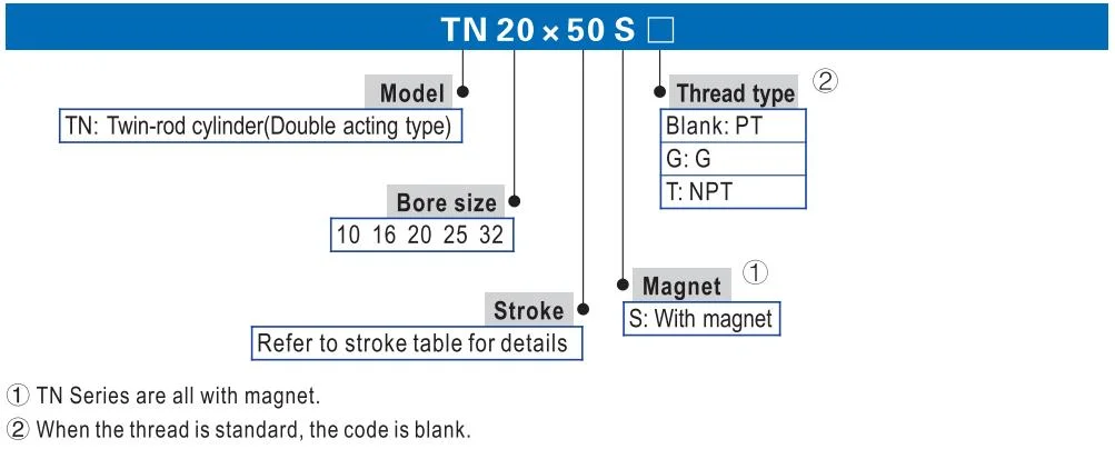 TN Series Dual Rod Guided Pneumatic Air Cylinder TN10/16/20/25/32X10/20/30/40/50/60/70/80/90/100/125/150/175/200S