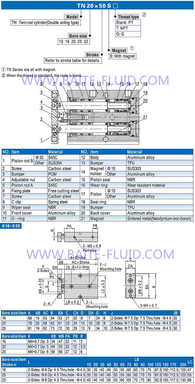 Tn Series Double Acting Double Shaft Pneumatic Air Cylinder